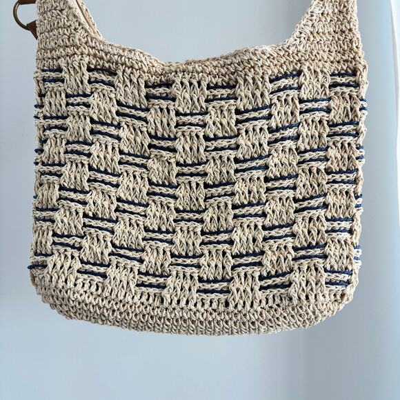 Sonoma Women's Beige Navy Woven Straw Crossbody Purse Lined - Picture 6 of 8
